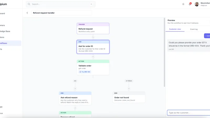 Helpium AI Workflows in action: handle refunds, track packages, and welcome new visitors