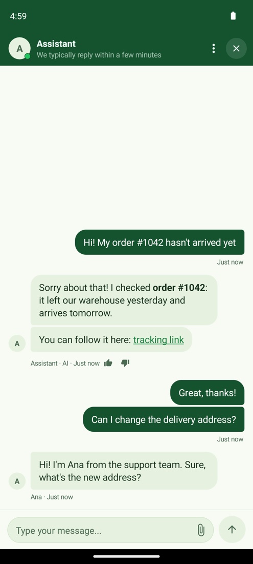 Chat de Helpium en Android con un tema verde