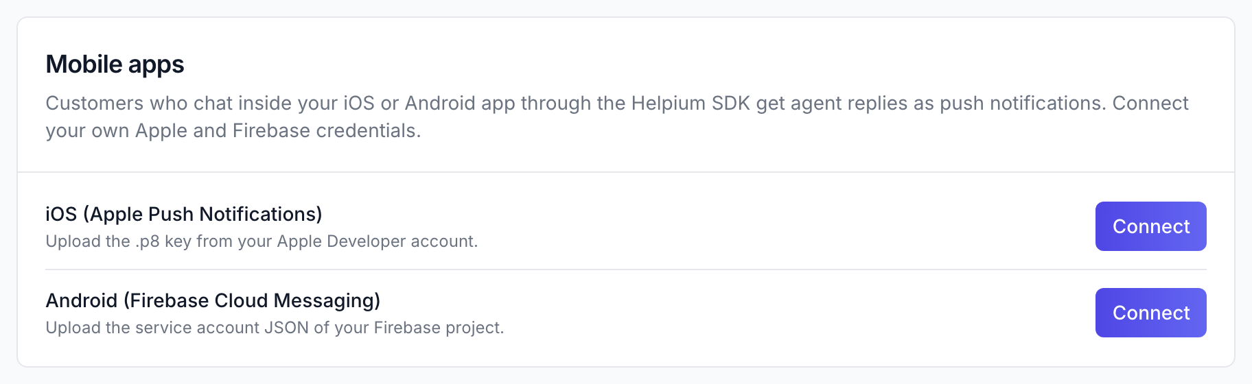 La sección Apps móviles en Helpium con botones para conectar iOS y Android
